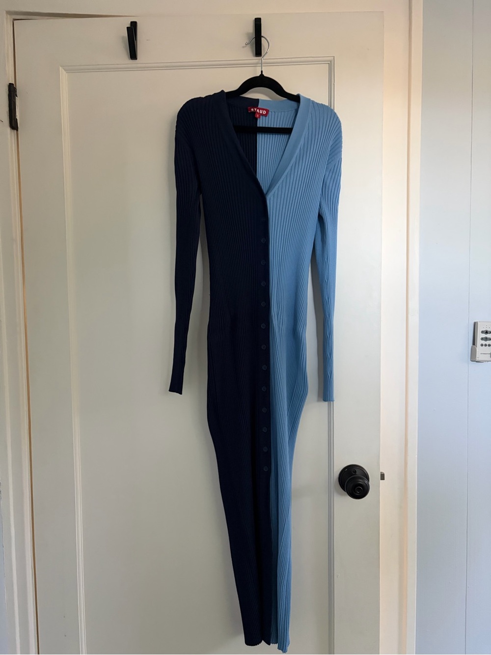 STAUD Two-Tone Navy and Sky Blue Ribbed Button-Front Maxi Dress